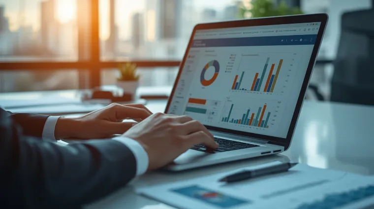 Finance professional reviewing VAT analytics on a laptop ahead of the eVAT 2027 switch in Hungary